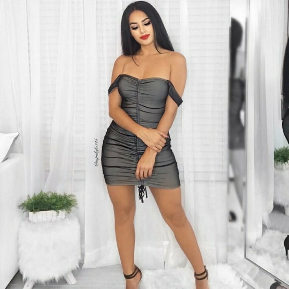 BLACK NUDE OFF SHOULDER RUCHED FRONT BODYCON DRESS